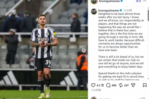 吉马良斯社媒：很高兴伤愈复出，现状未达预期必须更加努力